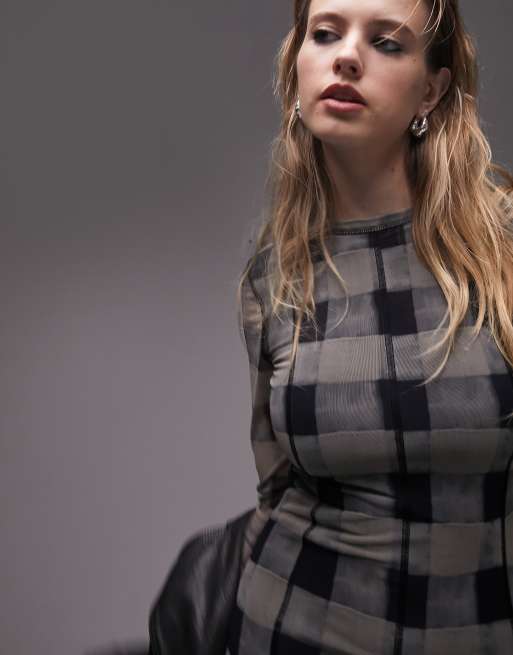 Topshop - Robe mi-longue en tulle à carreaux flous et points de surjet - Gris, 2 de 4