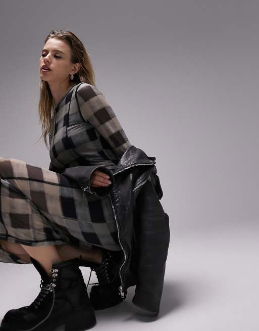 Topshop - Robe mi-longue en tulle à carreaux flous et points de surjet - Gris, 4 de 4
