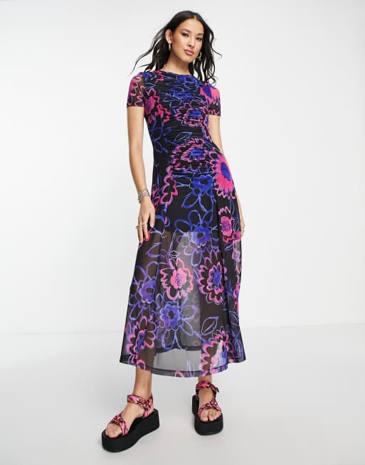 Topshop - Robe mi-longue en tulle à fleurs style graffiti - Multicolore