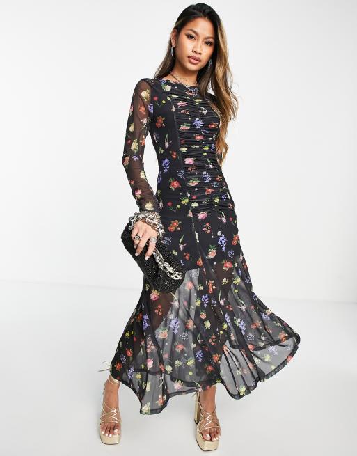 Topshop - Robe mi-longue en tulle à imprimé fleuri et fronces sur le devant
