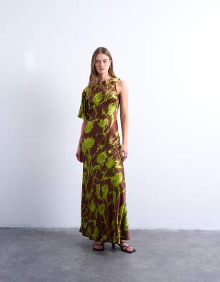 Robe mi-longue évasée imprimé rose effet flou avec manches asymétriques - Vert-Multicolore 34