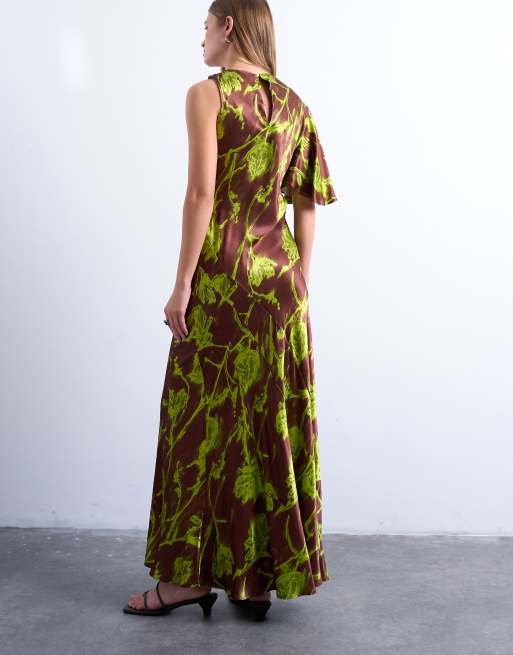 Topshop - Robe mi-longue évasée imprimé rose effet flou avec manches asymétriques - Vert, 3 de 4