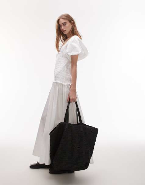 Topshop - Robe mi-longue froncée à encolure carrée et manches bouffantes - Blanc - view 1