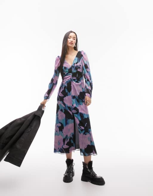 Topshop - Robe mi-longue froncée à imprimé fleurs - Lilas