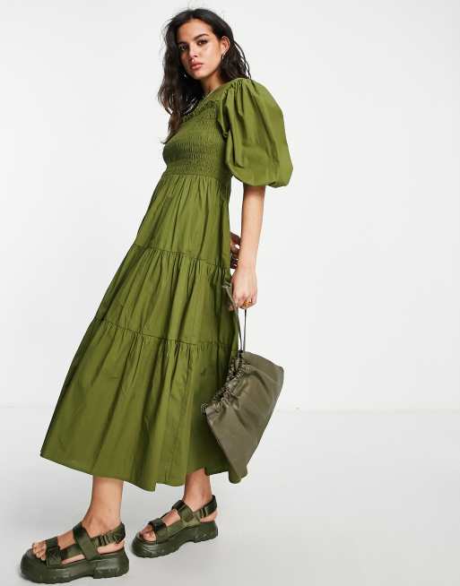 Topshop - Robe mi-longue froncée à manches bouffantes - Kaki