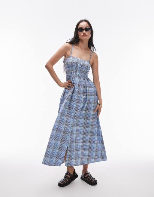 Topshop - Robe mi-longue froncée en crépon à carreaux - Bleu
