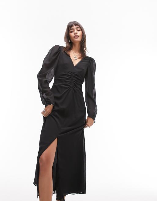 Topshop - Robe mi-longue froncée sur le devant - Noir