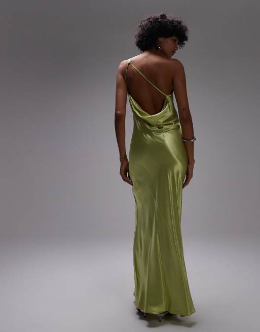 Topshop - Robe mi-longue habillée asymétrique à dos ouvert en satin - Vert citron, 2 de 4
