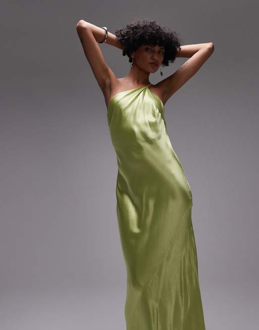 Topshop - Robe mi-longue habillée asymétrique à dos ouvert en satin - Vert citron, 4 de 4