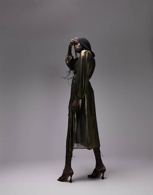 Robe Topshop Dorée à Col Haut Et Fente Haute - Taille 4 - Occasion En Très Bon état