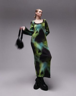 Topshop - Robe mi-longue plissée effet tie-dye à imprimé abstrait - Vert | ASOS