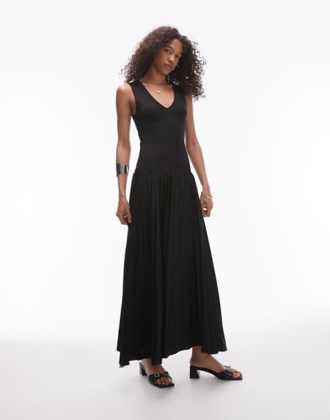 Topshop - Robe mi-longue plissée en jersey à décolleté en V - Noir - view 1