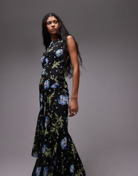 Topshop - Robe mi-longue pour grandes occasions à ourlet à godets - Noir fleuri - view 1