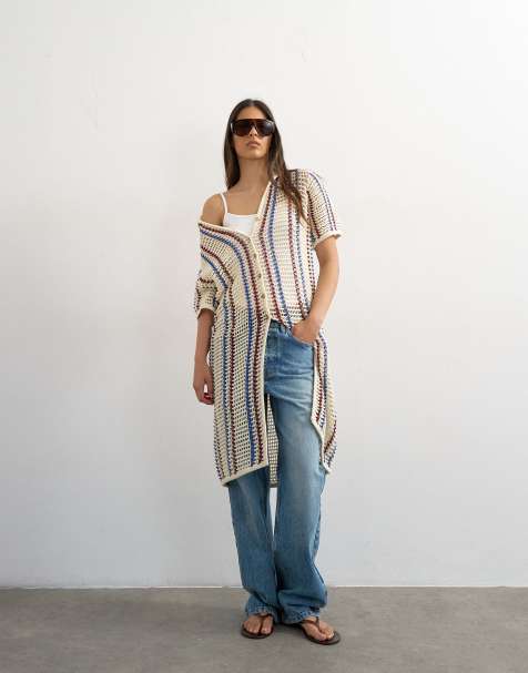Topshop - Robe mi-longue rayée en maille ajourée avec col polo - Écru - view 1