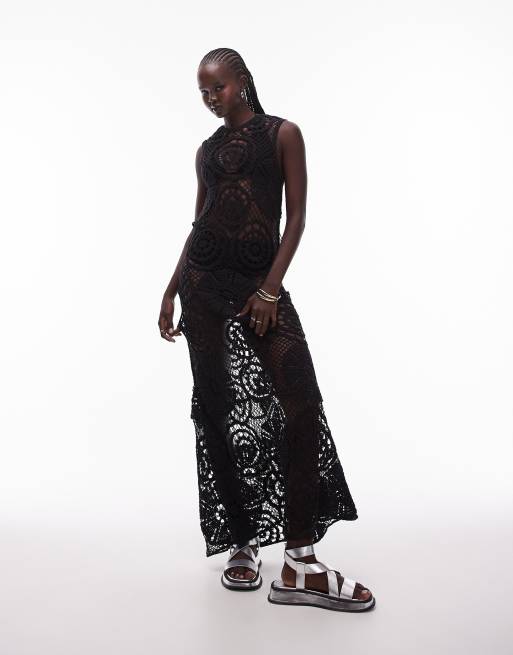 Topshop - Robe mi-longue sans manches en maille au crochet - Noir