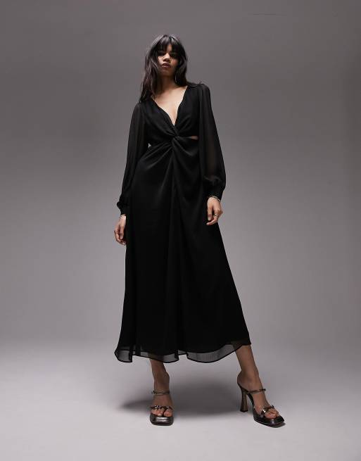 Topshop Robe mi longue torsad e avec manches longues et d coupes Noir