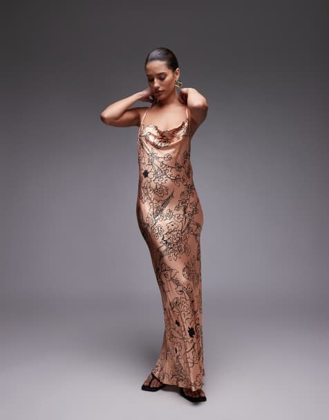 Topshop - Robe nuisette longue à col bénitier - Noir sinueux fleuri - view 1