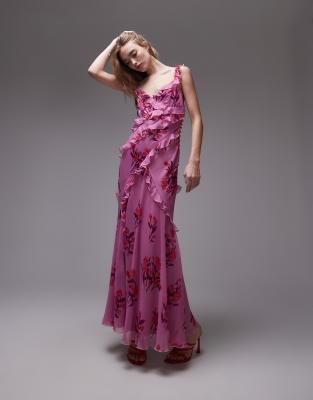 Topshop - Robe nuisette longue à fines bretelles et volants - Rose fleuri