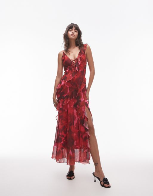 Topshop - Robe nuisette longue à volants - Imprimé fleurs rose et rouge, 2 de 4