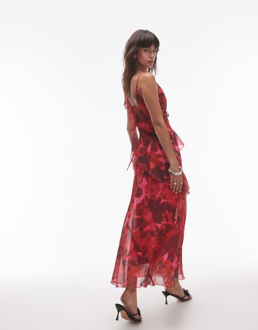 Topshop - Robe nuisette longue à volants - Imprimé fleurs rose et rouge, 4 de 4