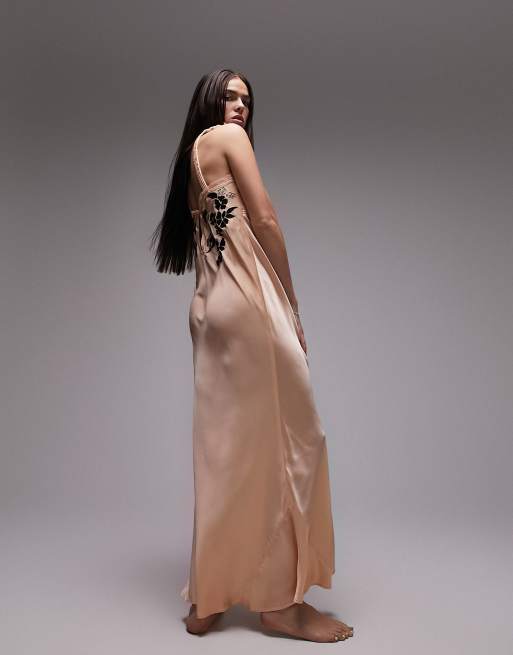 Topshop - Robe nuisette longue en satin à broderies - Noir, 4 de 4