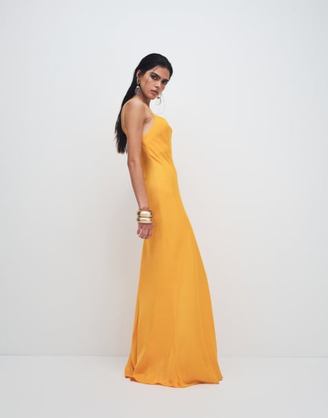 Topshop robe nuisette longue en satin de viscose à encolure dégagée et longueur cheville en orange - view 1