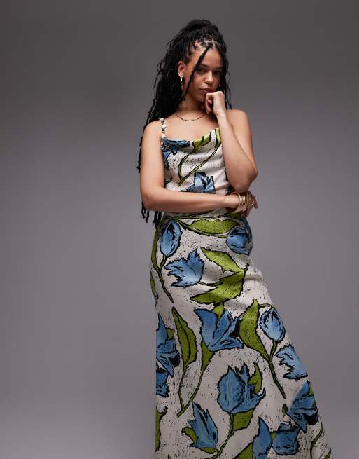 Topshop - Robe nuisette mi-longue à col bénitier et perles aux bretelles - Bleu fleuri, 2 de 4