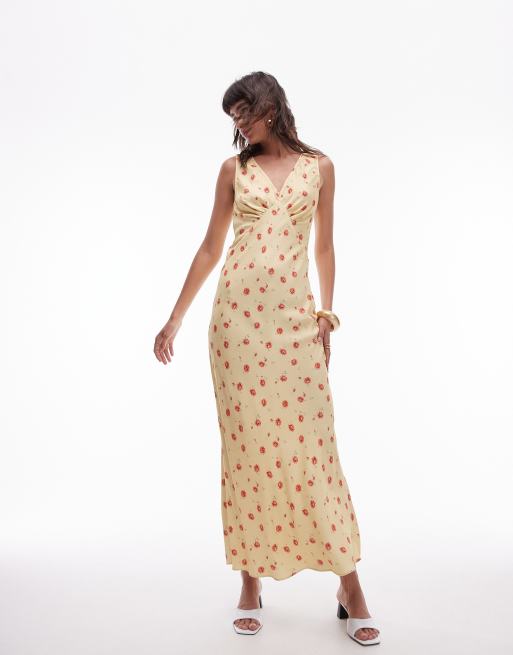 Topshop - Robe nuisette mi-longue à col V et imprimé roses - Jaune et rouge