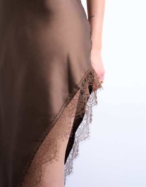 Topshop - Robe nuisette mi-longue satinée asymétrique à bords en dentelle - Chocolat, 3 de 4