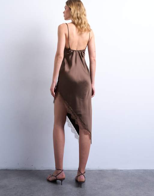 Topshop - Robe nuisette mi-longue satinée asymétrique à bords en dentelle - Chocolat, 4 de 4