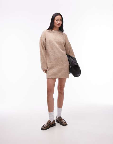 Topshop - Robe oversize en maille duveteuse avec col ras de cou - Grège - view 1