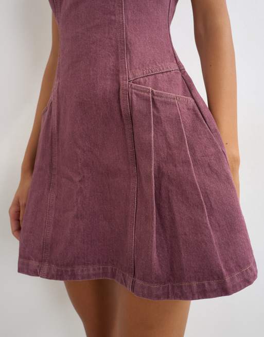 Topshop robe pinny plissée en jean prune, 3 de 4