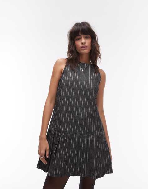 Topshop - Robe plissée en denim rayé - Noir - view 1