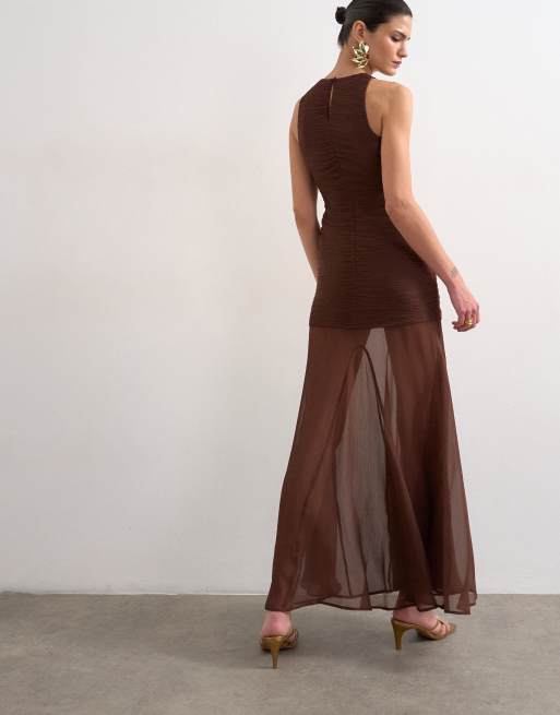 Topshop - Robe plissée longue en satin à taille basse et col montant - Chocolat, 3 de 4