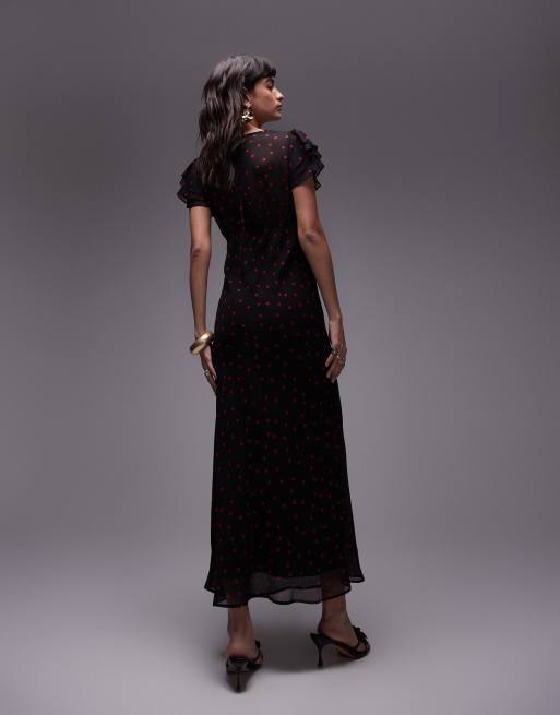 Topshop - Robe pour grandes occasions à manches évasées - Noir et rouge à pois, 3 de 4