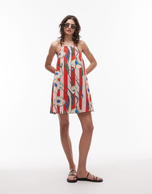 Topshop - Robe rayée coupe courte et fluide avec bretelles ornées de perles et imprimé fleuri - Rouge, 2 de 4