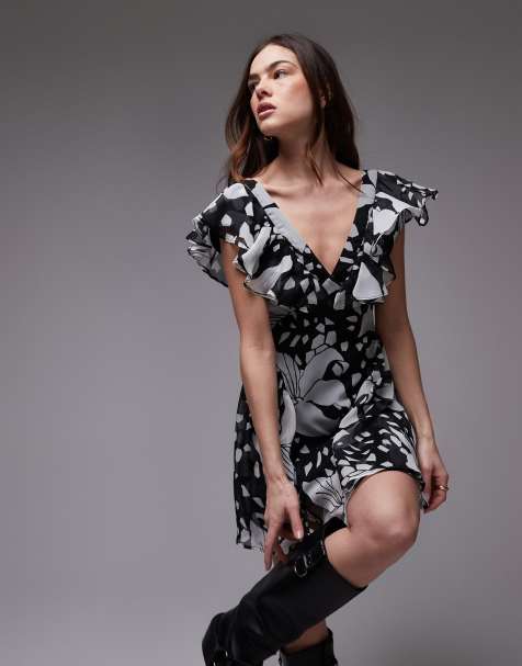 Topshop - Robe rétro à volants et imprimé fleuri - Noir et blanc - view 1