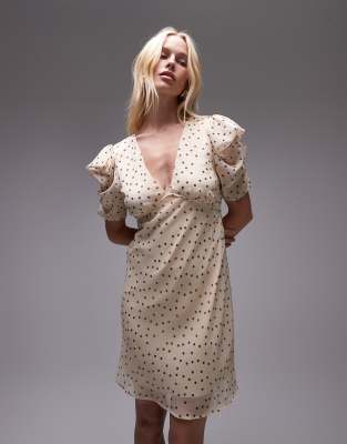 Topshop - Robe rétro courte à pois et manches plissées - Écru-Multicolore