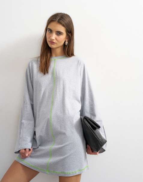 Topshop robe t-shirt courte en jersey riche en coton à manches retroussées gris chiné avec surpiqûres contrastantes vertes - view 1