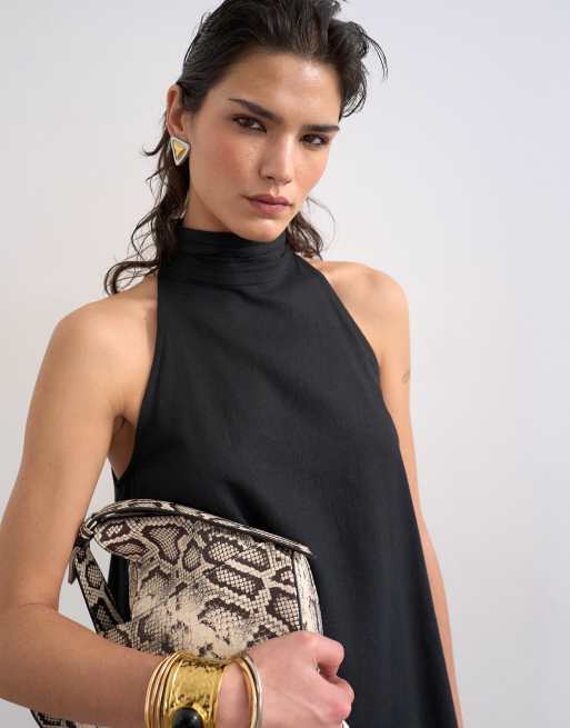 Topshop robe trapèze mini à col montant riche en lin noire, 2 de 4