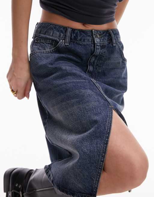 Topshop – Rock in ungewöhnlicher Länge in Dirty-Grün mit Schlitz vorne, 3 von 5