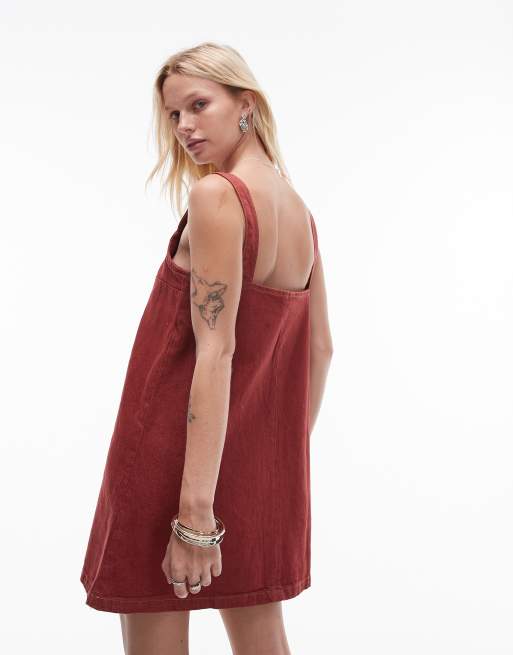 Topshop – Röd jeansklänning med axelband och boxig passform, 3 av 4
