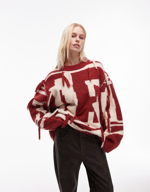 Topshop – Röd och naturvit, stickad, panelmönstrad tröja i oversize, 4 av 4
