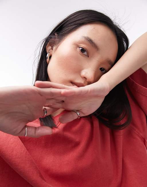 Topshop – Röd, stentvättad t-shirt med v-ringning i oversize modell, 3 av 4