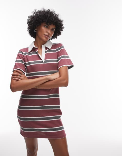Topshop – Rödrandig, krympt miniklänning i jersey med pikékrage - view 1