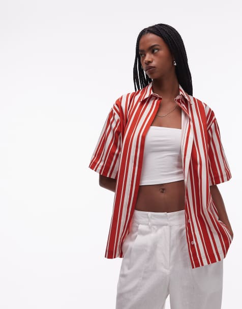 Topshop – Rödrandig semesterskjorta i poplin - view 1