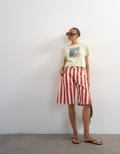 Topshop – Rödrandiga jorts i denim med barrelben - view 1