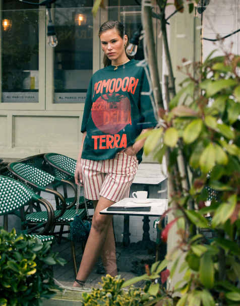 Topshop – Rödrandiga, långa jeansshorts - view 1