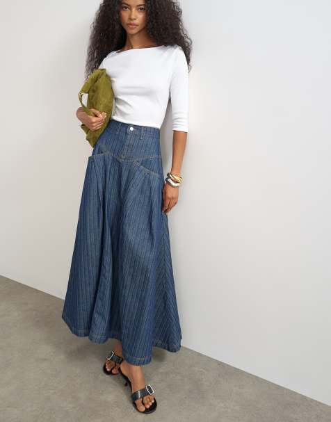 Topshop rok met schouderpas en plooien maxi in indigo streep - view 1