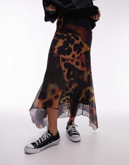 Topshop - Rok met zakdoekzoom en wazige dieren- en bloemenprint in multi